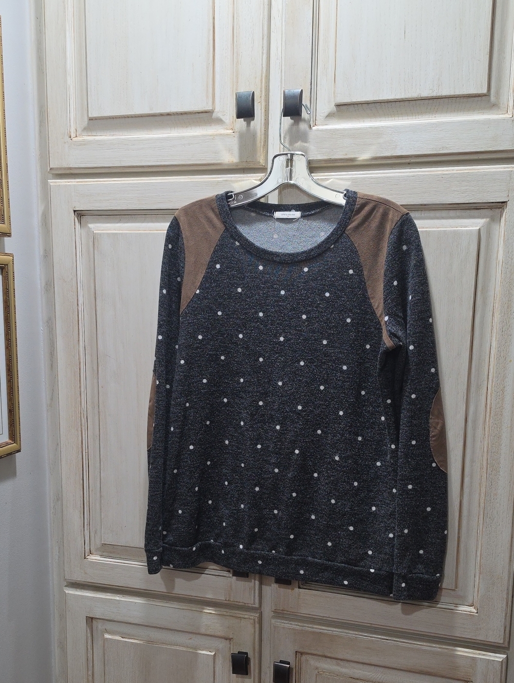 Gray long-sleeve polka dot top by 12PM by Mon Ami featuring brown faux-suede
